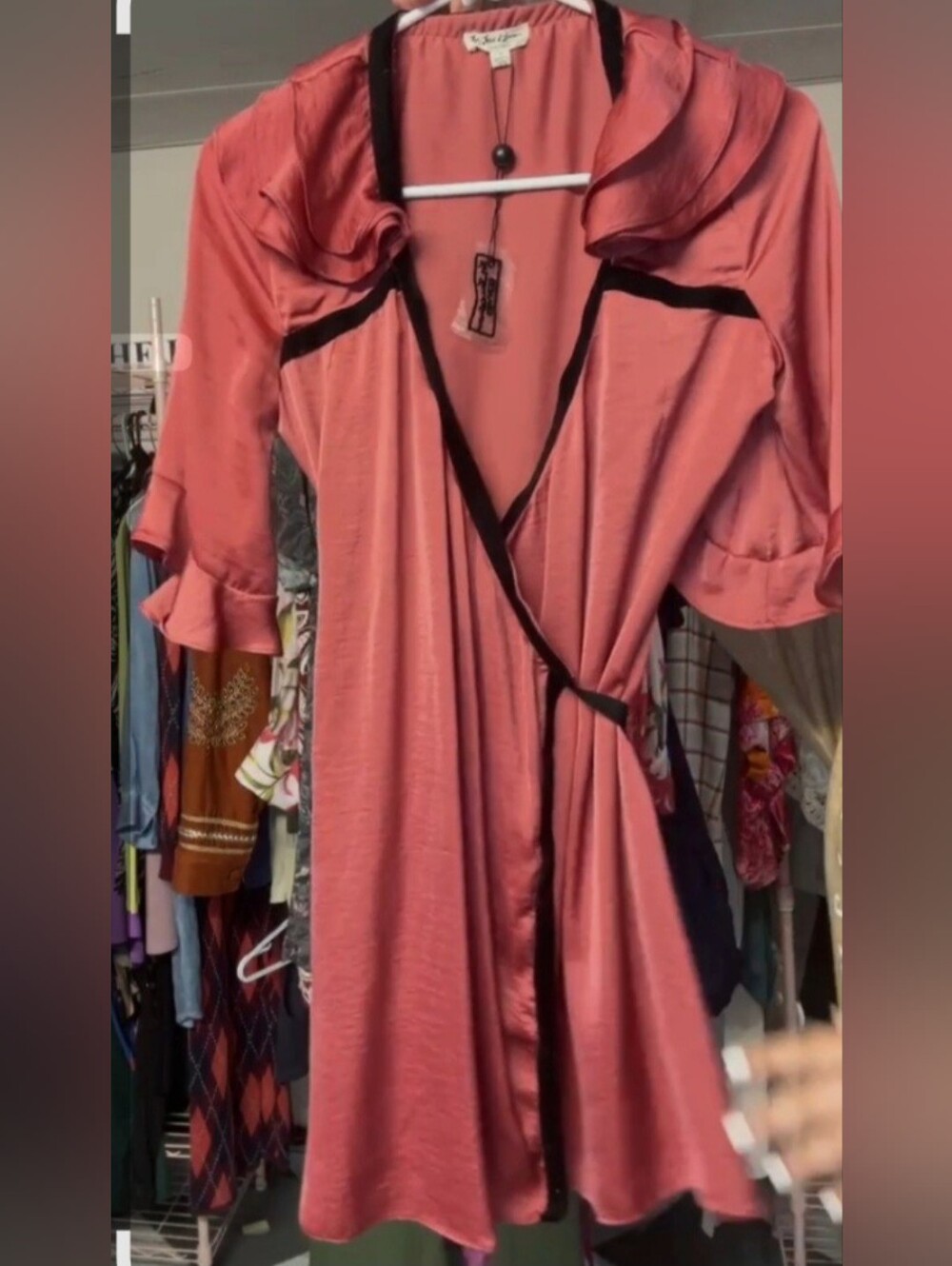 For Love And Lemons Rose Pink Wrap Robe with Black Trim